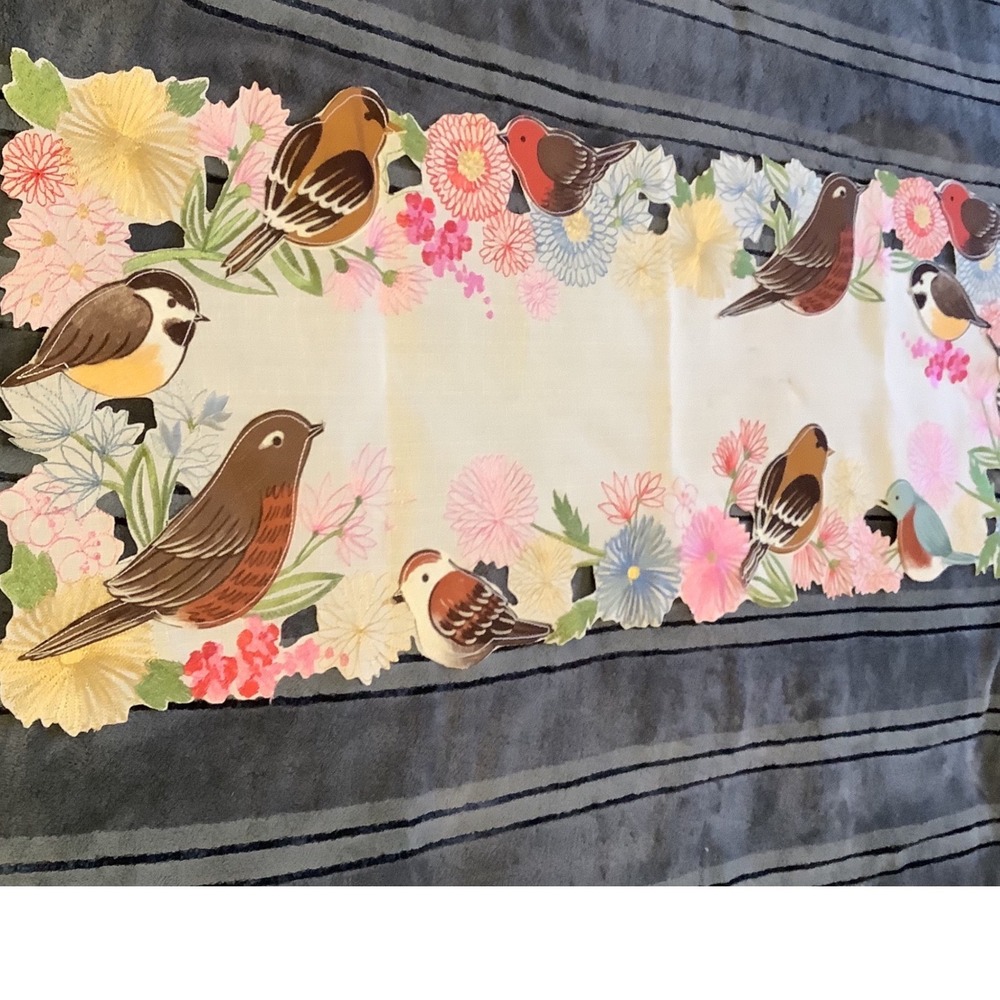 Vintage Bird and Floral Table Runner Cut Out Edge Cottagecore 36.5x13.5 Inch